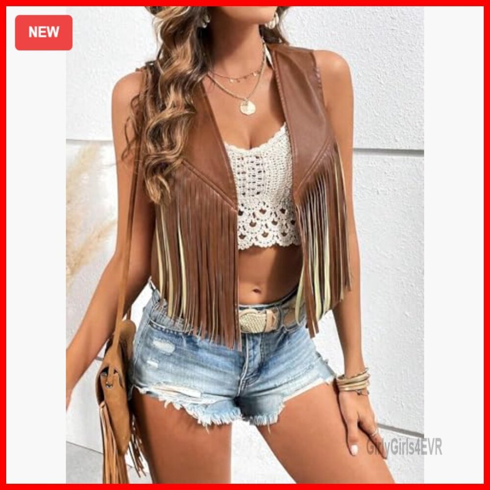 Western Fringe PU Leather Vest Sleeveless Cropped Cardigan Boho 70s Hippie - Picture 2 of 5
